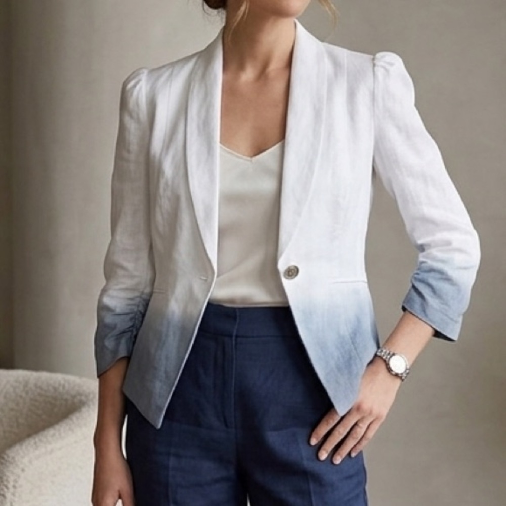 Tailored Ombre Linen Blazer with Puff Sleeves